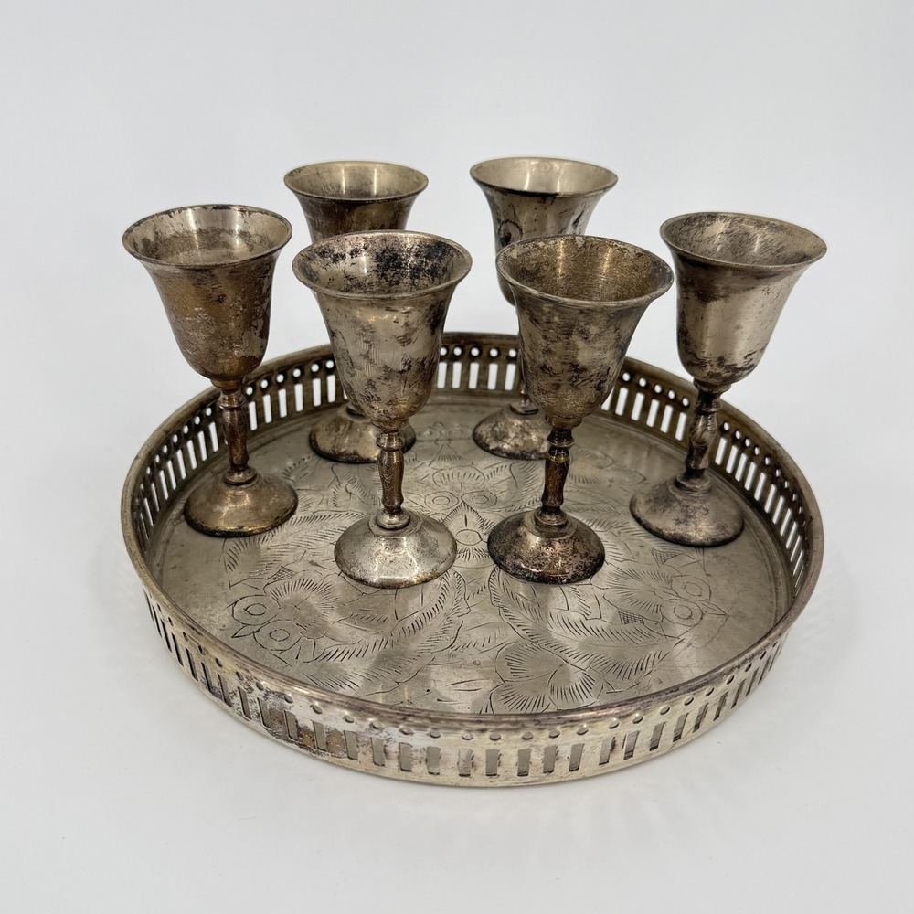Vintage E.P. Brass India Set of 6 Silver Plated Brass Goblets w/ Tray Barware